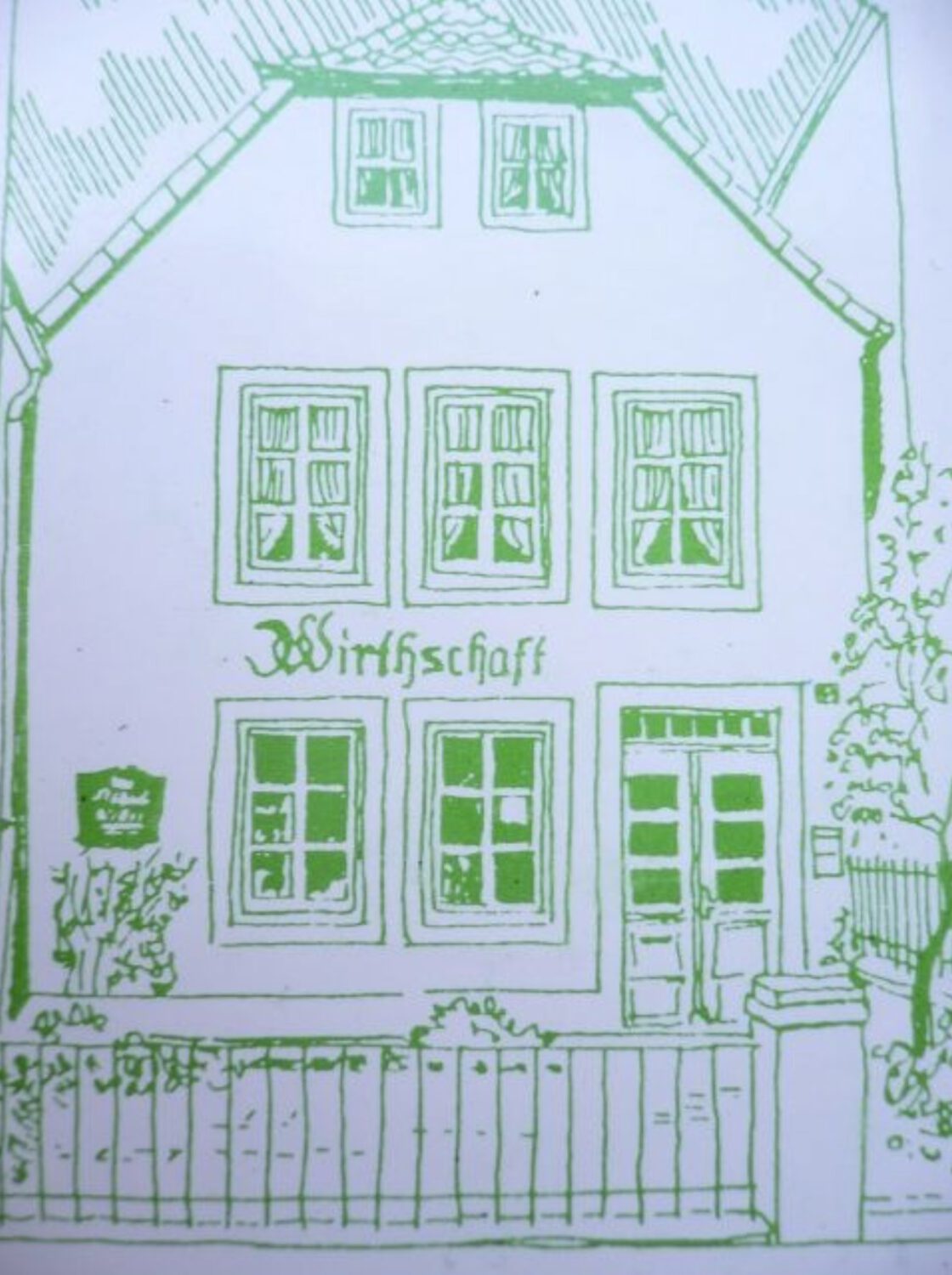 Screenshot Grüne Gans Zeichnung: Illustration eines Gasthauses mit dem Schriftzug Wirtschaft.