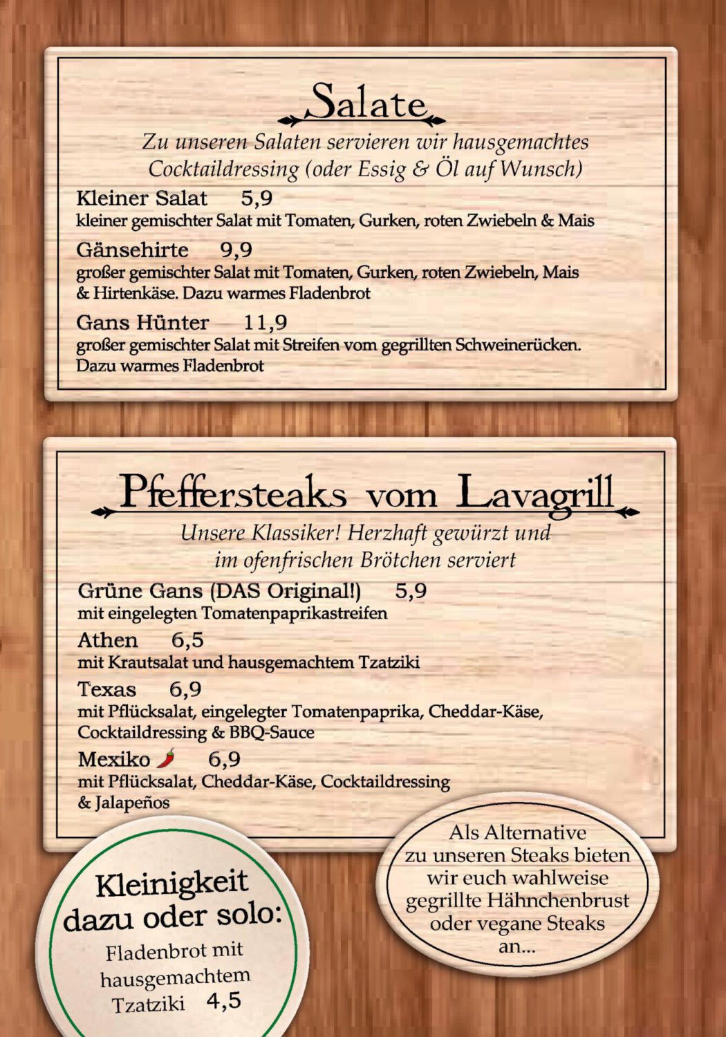 Speisekarte mit Salaten und Pfeffersteaks vom Lavagrill. Menü mit Fleisch, Salat, Tzatziki, Fladenbrot, und weiteren Zutaten.